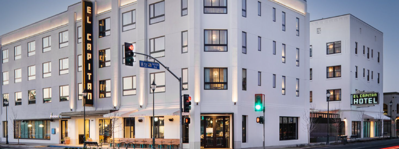 A render of the El Captian hotel at night.