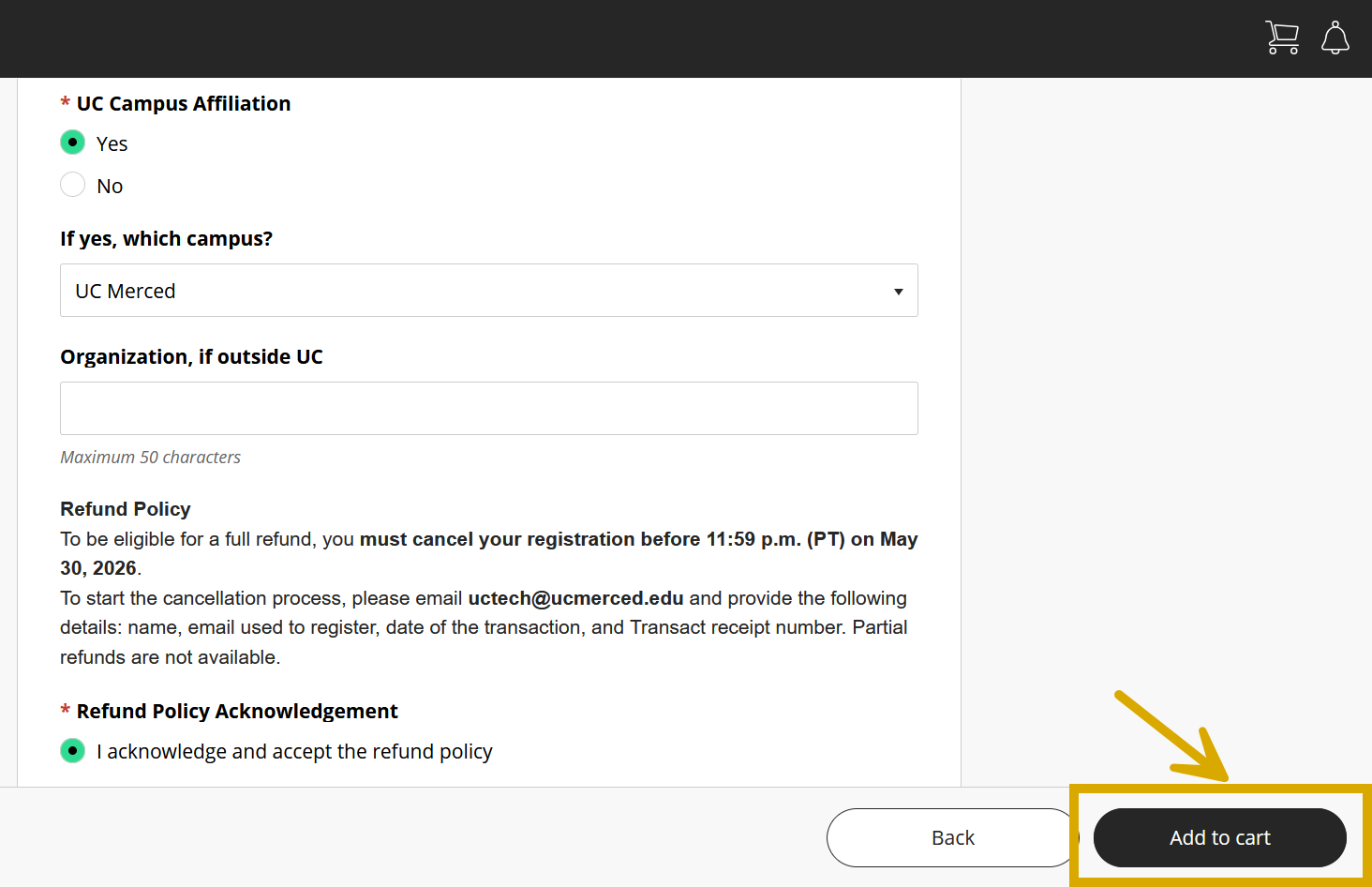 A screenshot of UCOP's Events website with the focus on the "Add to cart" button after inputting cardholder information. 
