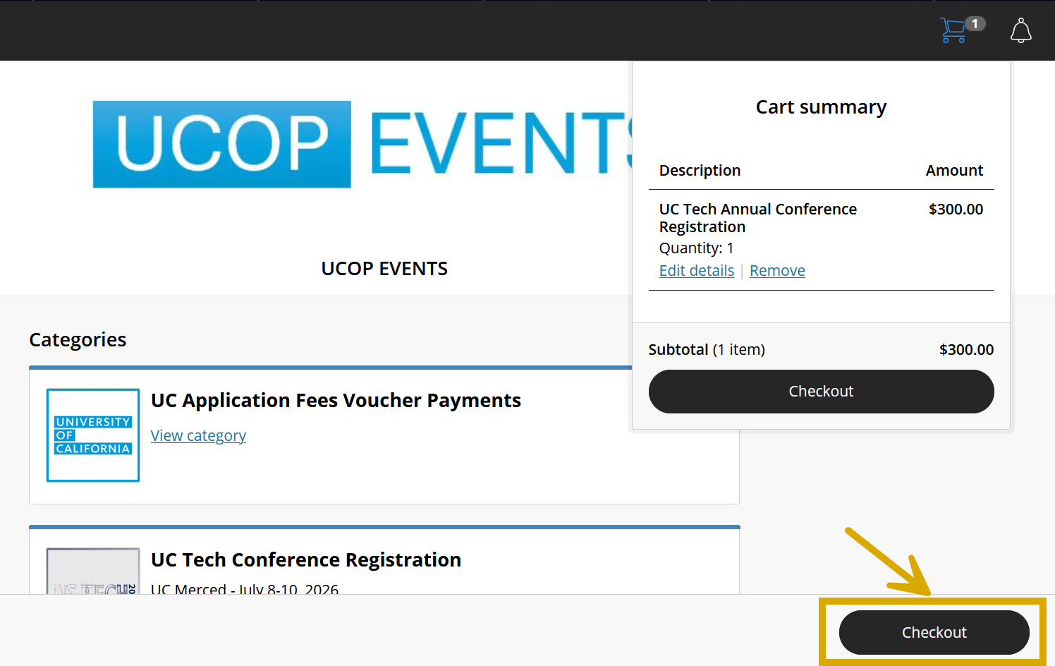 A screenshot of UCOP's Events website with the focus on the "Checkout" button that is enabled onced you add an item to your cart. 