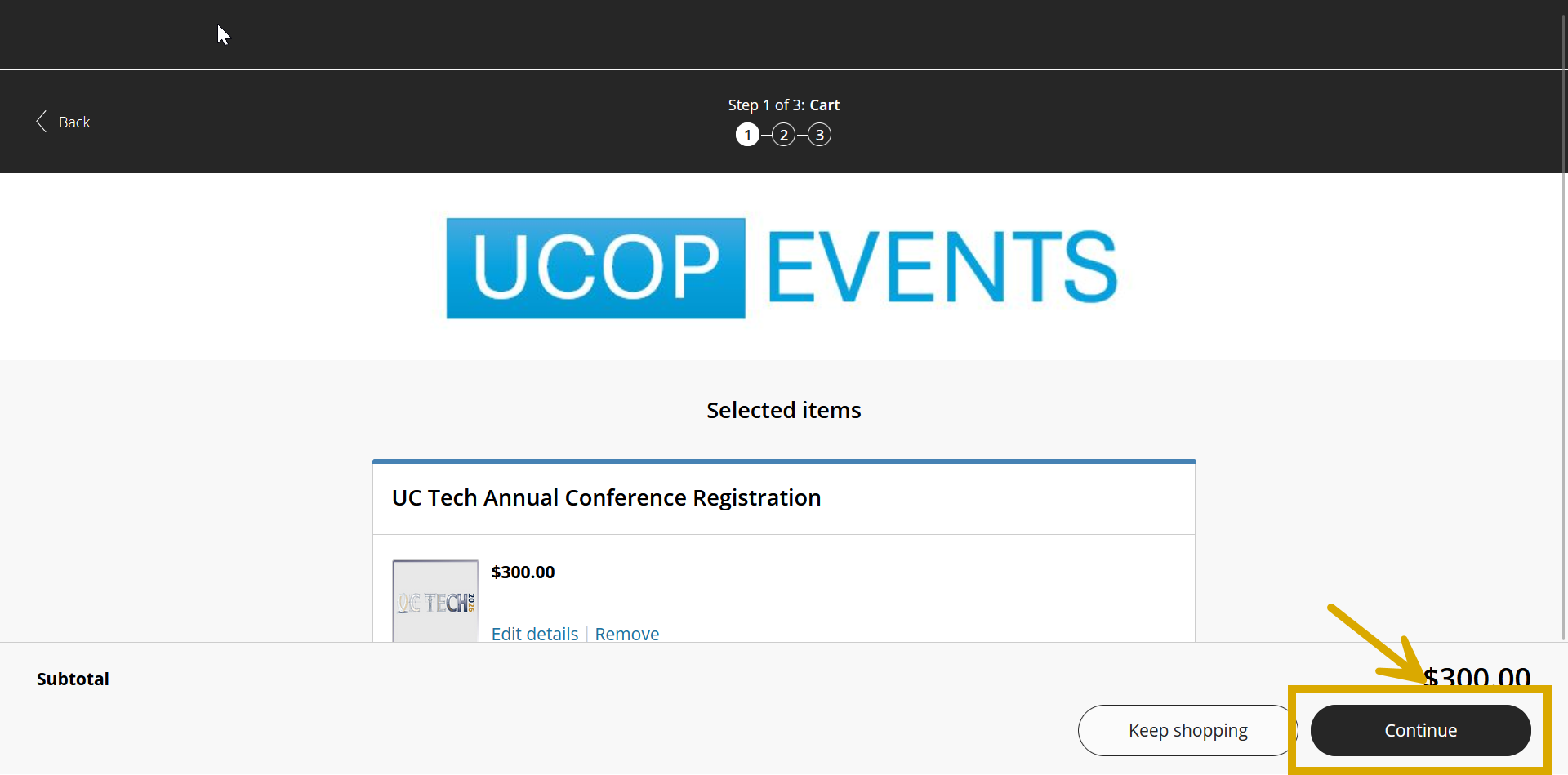 A screenshot of UCOP's Events website with the focus on the "Continue" button to direct registrants. 