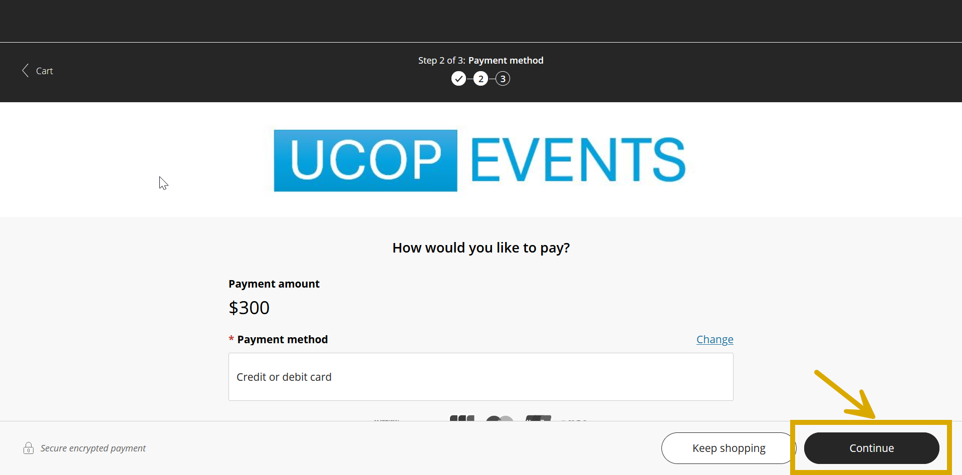 A screenshot of UCOP's Events website with the focus on the "Continue" button to direct registrants. 