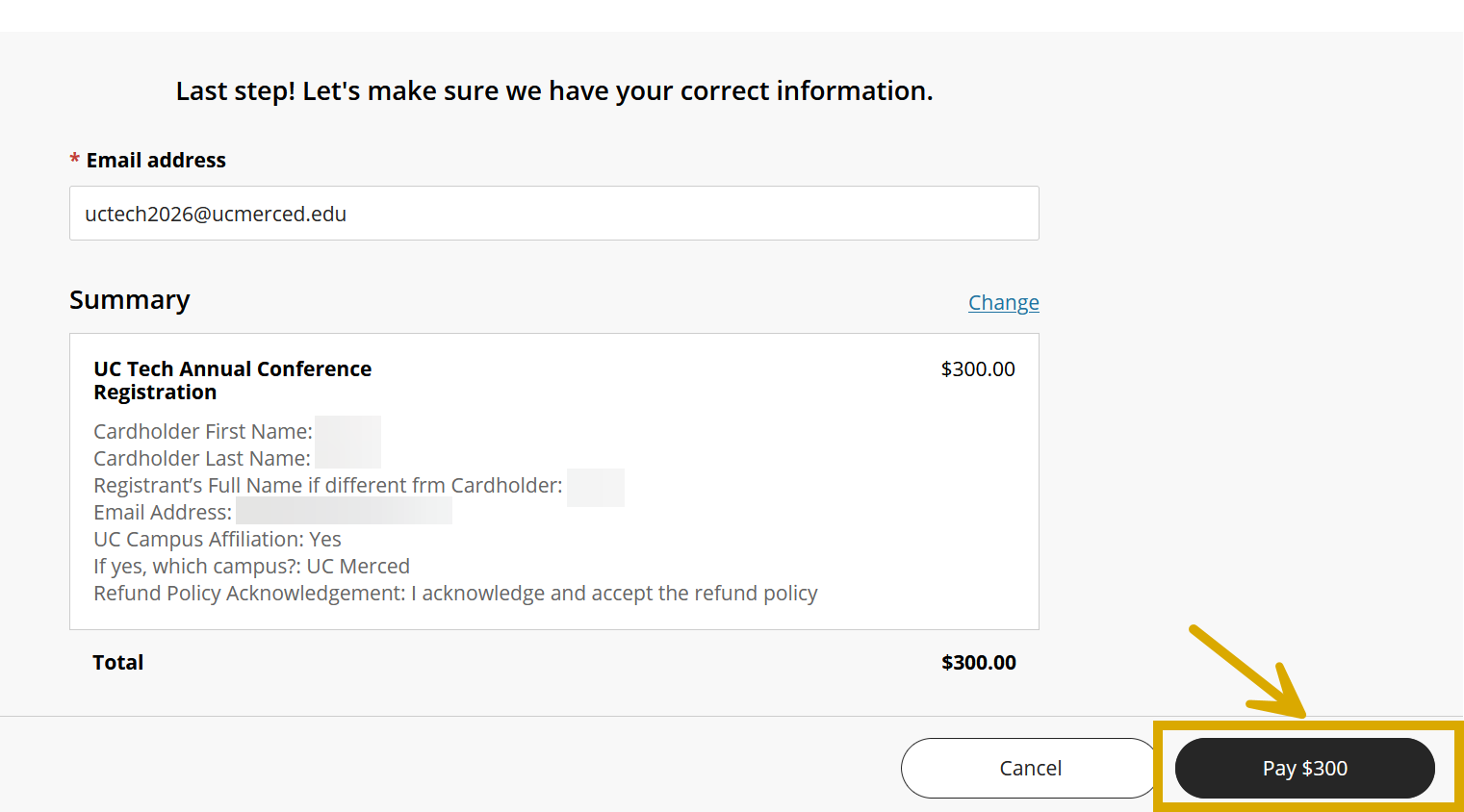 A screenshot of UCOP's Events website with the focus on the "Pay" button to give further guidance to registrants. 