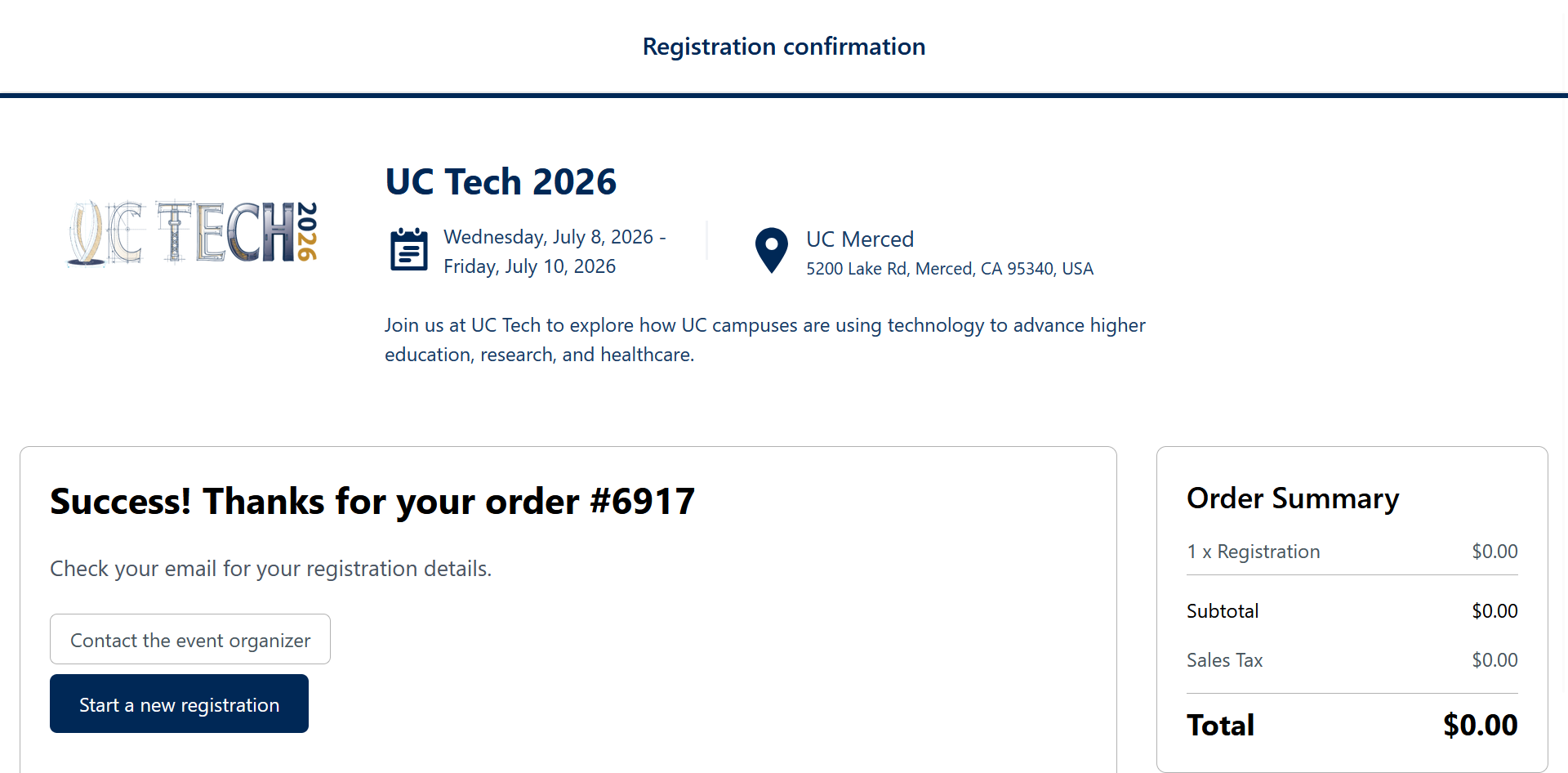 A screenshot of Guidebook's confirmation page for successful registration. 