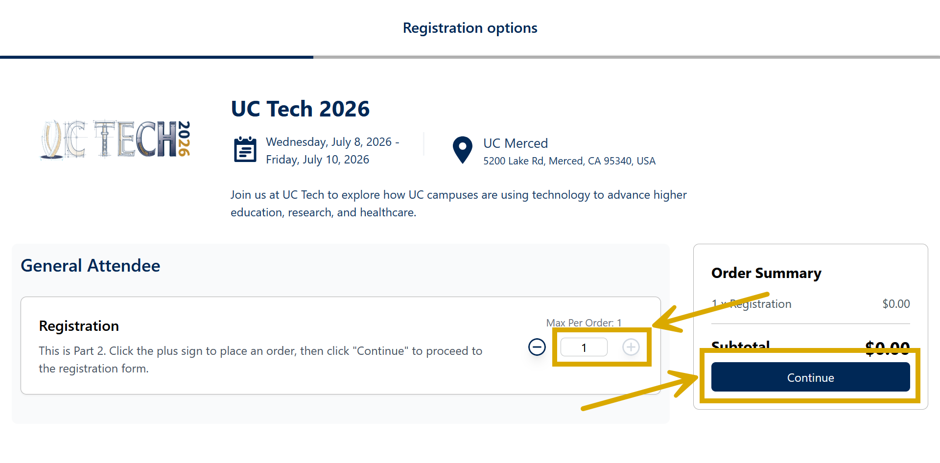 A screenshot of Guidebook with the focus on the "+" and "Continue" buttons to direct registrants. 