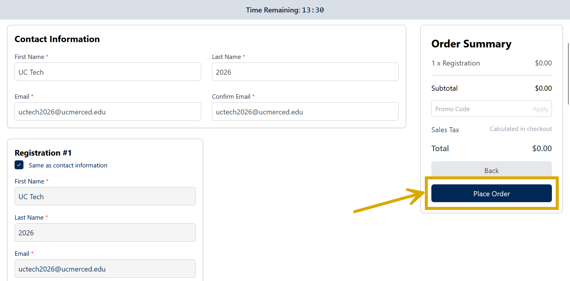 A screenshot of Guidebook with the focus on the "Place Order" button to direct registrants. 