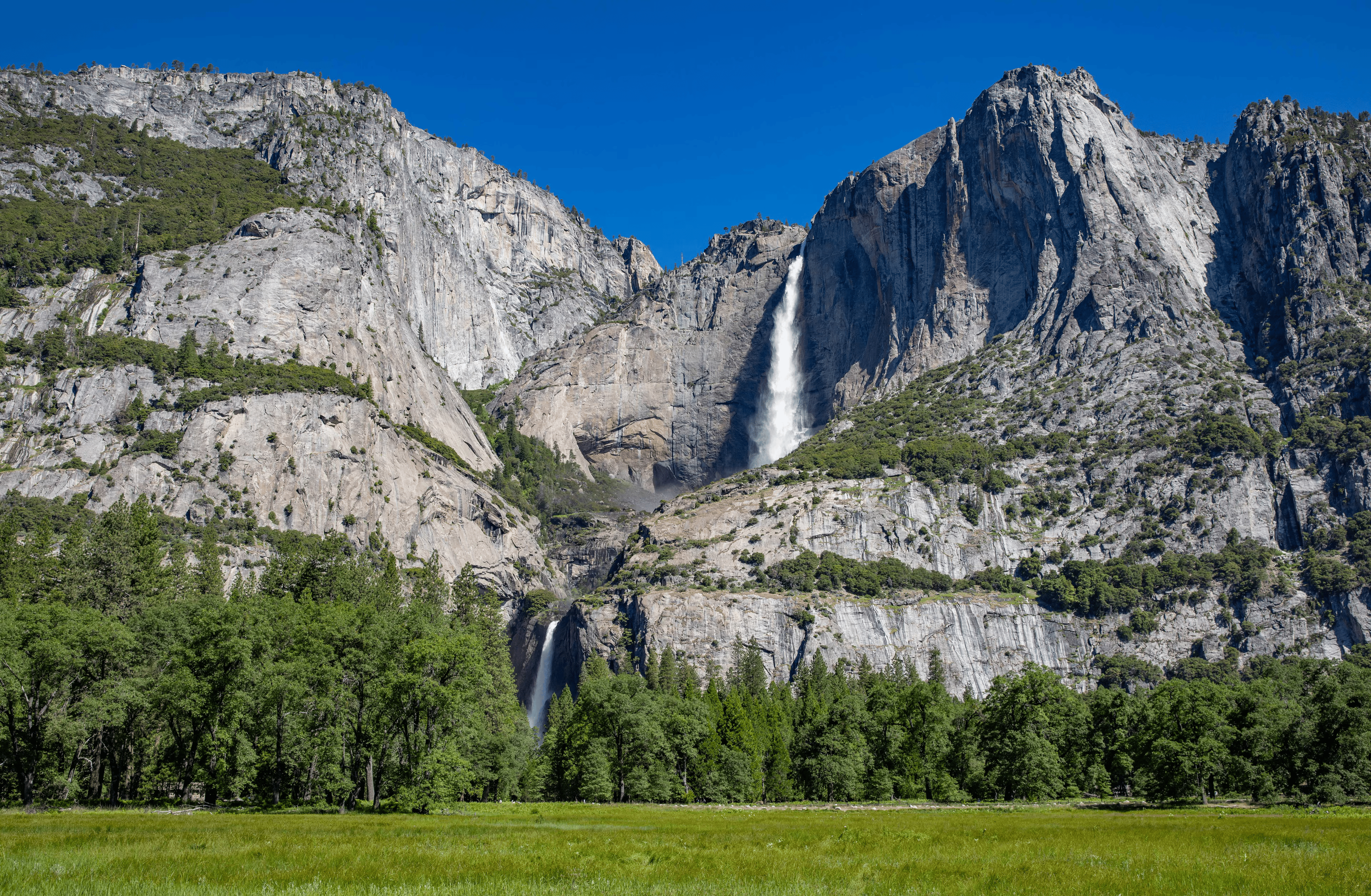 Granite cliffs rising above Yosemite Valley under a clear blue sky.
