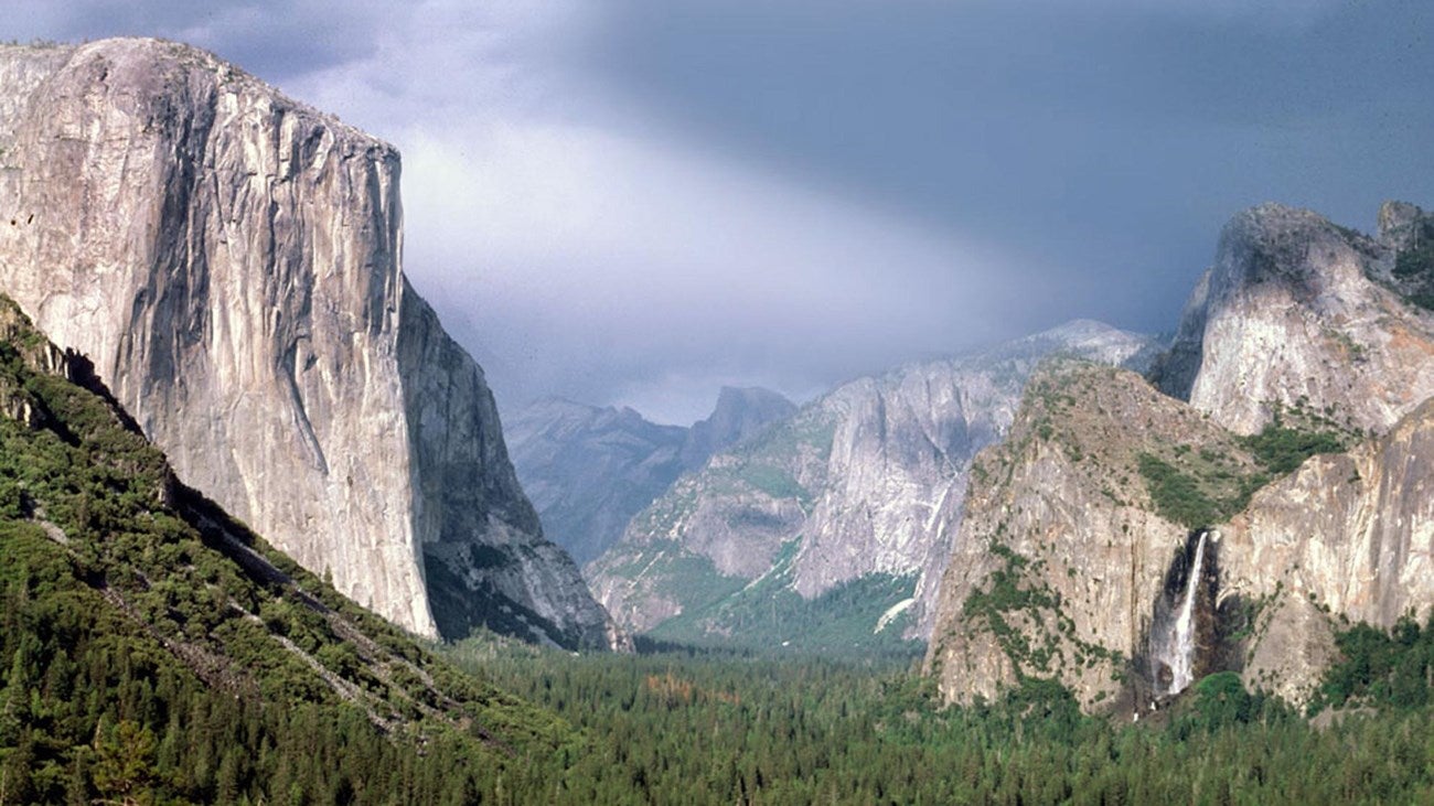 Aerial view of Yosemite National Park's granite rocks and valley.